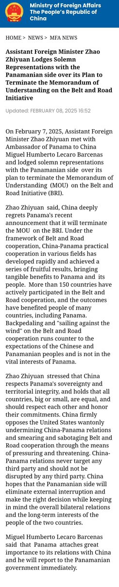 On February 7, 2025, Assistant Foreign Minister Zhao Zhiyuan met with Ambassador of Panama to China Miguel Humberto Lecaro Barcenas and lodged solemn representations with the Panamanian side over its plan to terminate the Memorandum of Understanding (MOU) on the Belt and Road