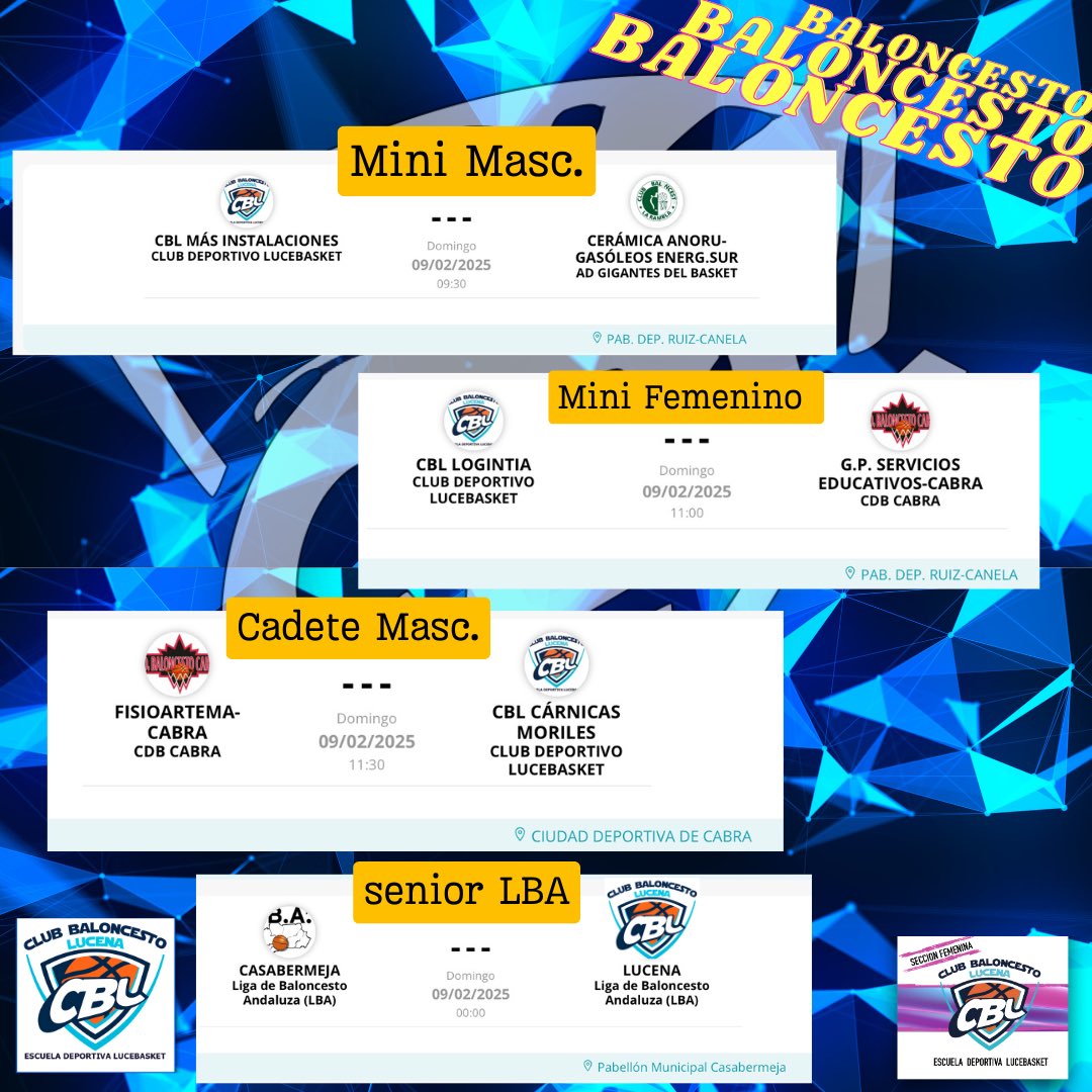 🗓️Agenda Deportiva del Finde.  ⛹🏻‍♂️⛹🏻‍♀️🏀

Tres Partidos el Sábado día  8 y  cuatro más para el Domingo 9 de Febrero. 
#somosbaloncestolucena