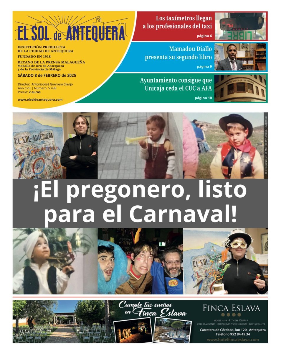 😀 ¡Buena prensa! #Antequera
🔴 El Periódico de este sábado...
📰 #PORTADA: ¡El pregonero, listo para el Carnaval!
🚖Los taxímetros llegan a los profesionales del taxi
📚Mamadou Diallo presenta su segundo libro
📸Ayuntamiento consigue que Unicaja ceda el CUC a AFA
#periodismoSOL