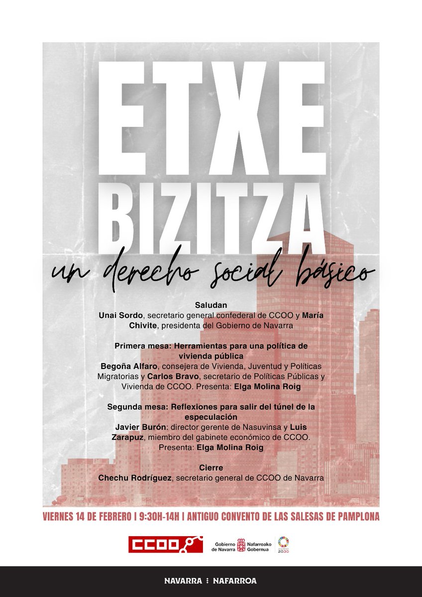 Próxima jornada sobre el derecho a la vivienda en Navarra, donde hablaremos sobre necesidades, nuevas políticas y recursos para luchar por un derecho social básico. Os esperamos