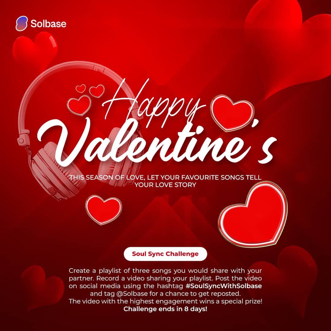 Love is better with music!💜🎧 

Join the #SoulSyncWithSolbaseHQ challenge—create a 3-song playlist for your partner, tag @SolbaseHQ &amp; get a chance to be featured! 

The most engaging video wins a special prize. Let’s turn up the love!  #ValentinesWithSolbasehq