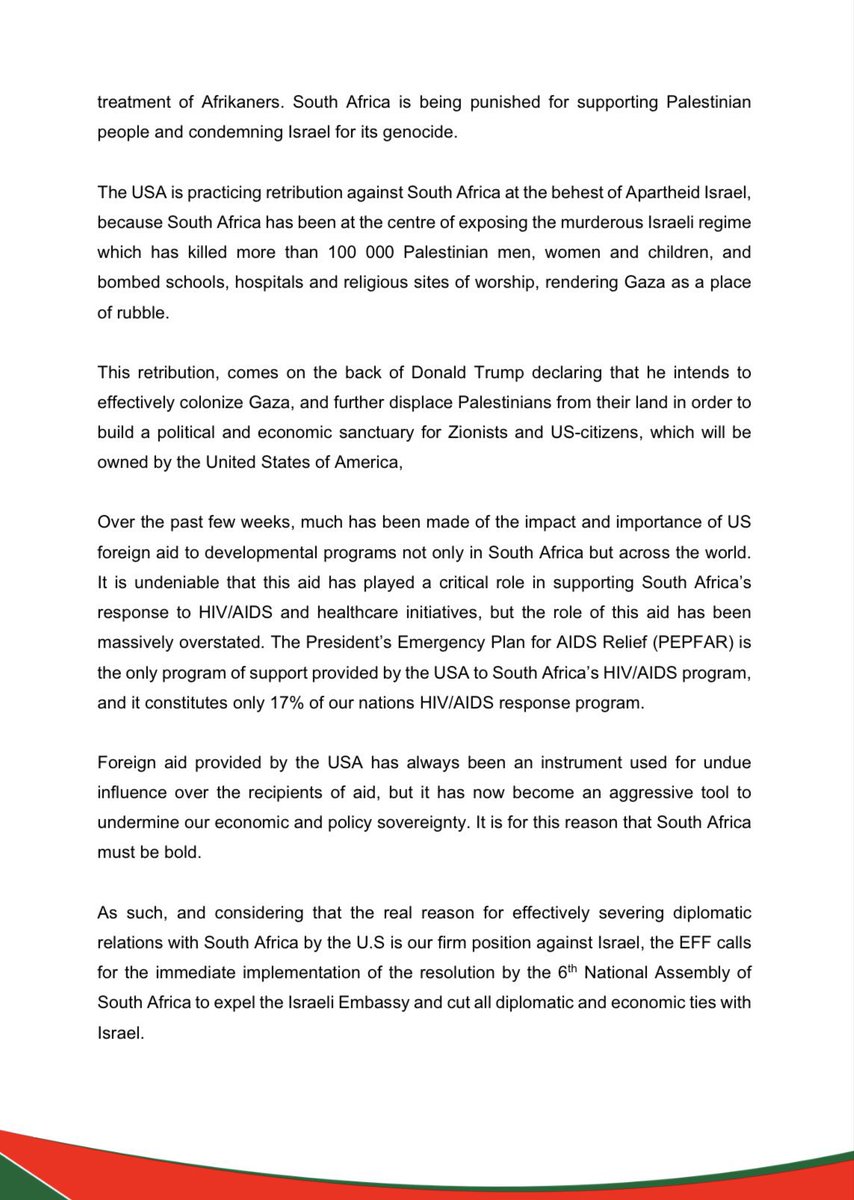 Constitution_94's tweet photo. 🔴JUST IN🔴

The EFF writes the first and most progressive statement in the year 2025.

▪︎ It calls for Israel embassy to be closed

▪︎ Revoke citizens of Afrikaners who go to USA to settle

▪︎ Build more ties with Brics community

▪︎ Divorce ourselves from USA donations https://t.co/OIMnlsv06y