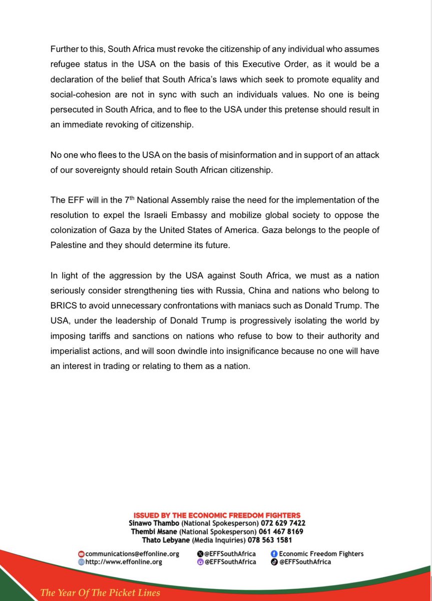 🔴JUST IN🔴

The EFF writes the first and most progressive statement in the year 2025.

▪︎ It calls for Israel embassy to be closed

▪︎ Revoke citizens of Afrikaners who go to USA to settle

▪︎ Build more ties with Brics community

▪︎ Divorce ourselves from USA donations
