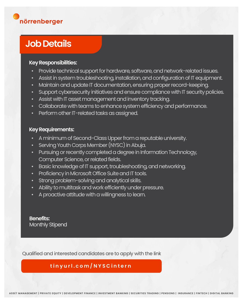 Norrenberger's tweet photo. Corper wee!

Ready to take that bold step in your career?

Then this is an opportunity for you to apply for any of these roles available:
- Finance Intern
- ⁠IT Intern

Interested? Then apply at https://t.co/Mh4AU93B4V

#norrenberger #corperinvest #recruitment https://t.co/8YwPWsmhD5
