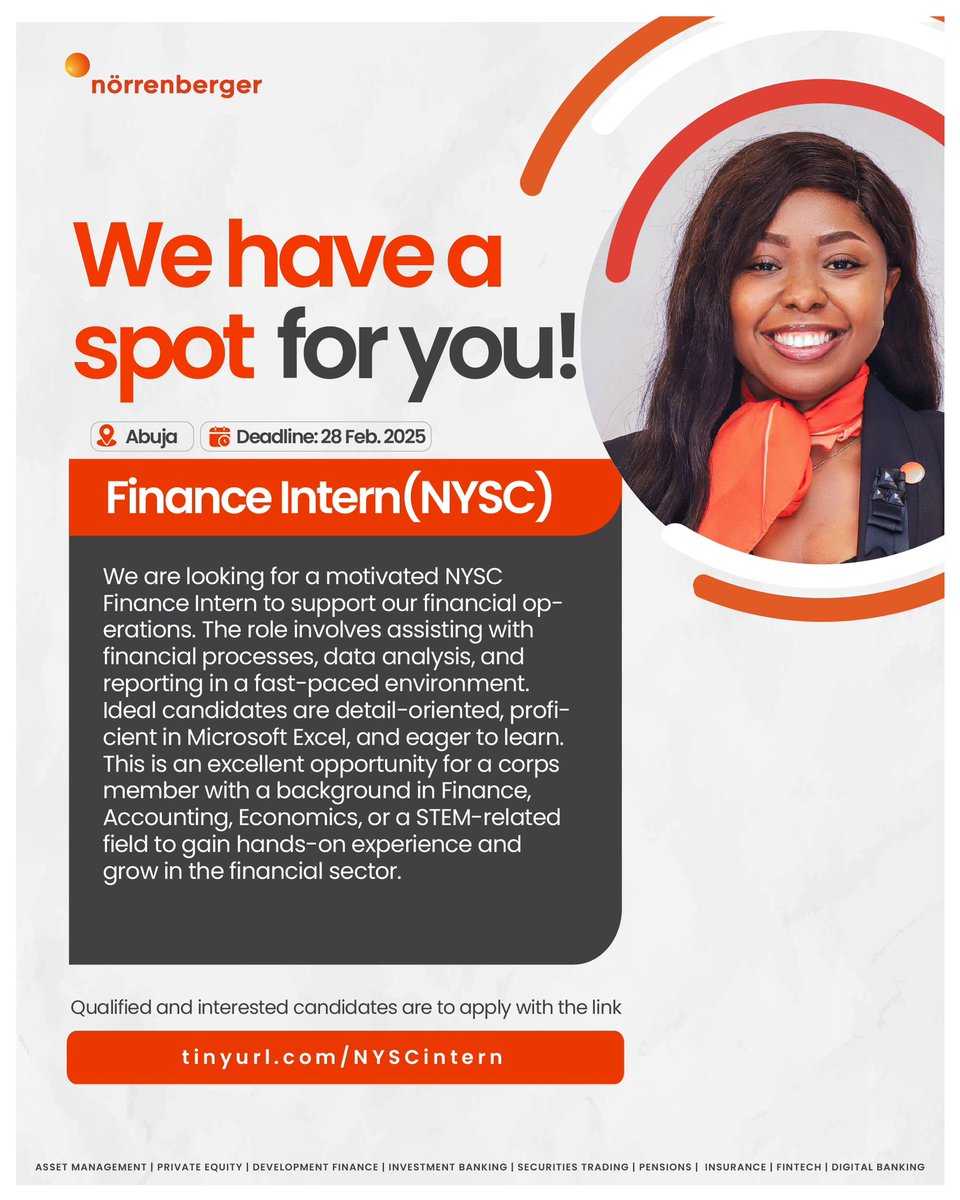 Norrenberger's tweet photo. Corper wee!

Ready to take that bold step in your career?

Then this is an opportunity for you to apply for any of these roles available:
- Finance Intern
- ⁠IT Intern

Interested? Then apply at https://t.co/Mh4AU93B4V

#norrenberger #corperinvest #recruitment https://t.co/8YwPWsmhD5