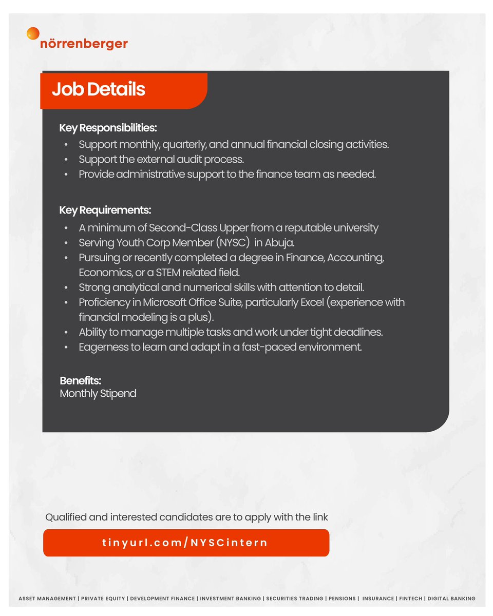 Norrenberger's tweet photo. Corper wee!

Ready to take that bold step in your career?

Then this is an opportunity for you to apply for any of these roles available:
- Finance Intern
- ⁠IT Intern

Interested? Then apply at https://t.co/Mh4AU93B4V

#norrenberger #corperinvest #recruitment https://t.co/8YwPWsmhD5
