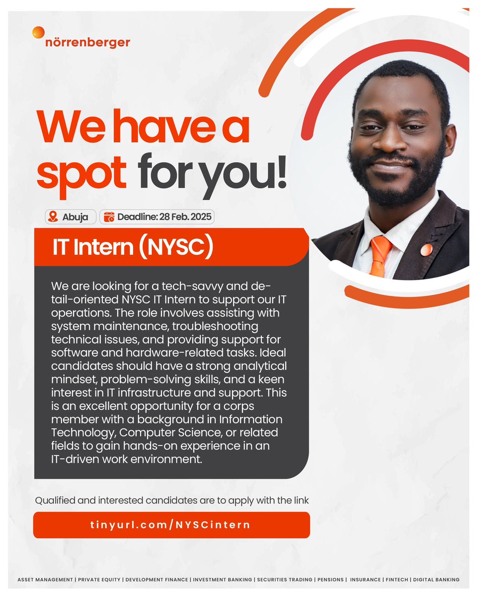 Norrenberger's tweet photo. Corper wee!

Ready to take that bold step in your career?

Then this is an opportunity for you to apply for any of these roles available:
- Finance Intern
- ⁠IT Intern

Interested? Then apply at https://t.co/Mh4AU93B4V

#norrenberger #corperinvest #recruitment https://t.co/8YwPWsmhD5