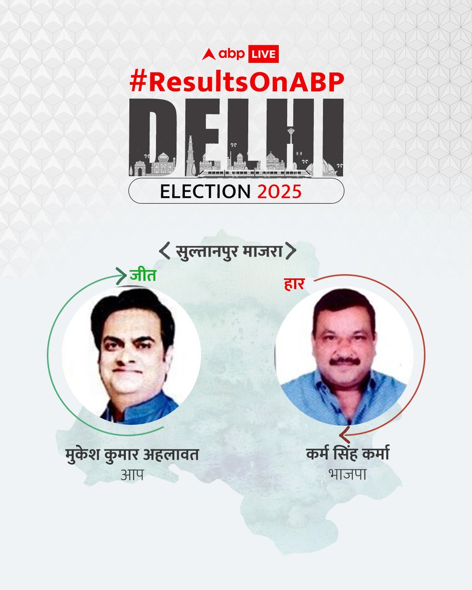 ABPNews's tweet image. #ResultsOnABP | सुल्तानपुर माजरा सीट से आप के मुकेश कुमार अहलावत जीते हैं. 

#DelhiElectionResults #Elections2025 #DelhiAssemblyElection2025 #BJP #AAP