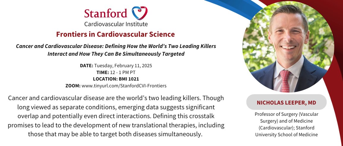 Joseph C Wu, MD, PhD (@joseph_c_wu) on Twitter photo Please join <a href="/StanfordCVI/">Stanford CVI</a> seminar Tue 2/411at 12pm PST by Dr. Nicholas Leeper from <a href="/StanfordVasc/">Stanford Vascular</a> speak on #cancer & #cardiovasculardisease link.
stanford.zoom.us/webinar/registā¦
<a href="/Stanford_ChEMH/">Sarafan ChEM-H</a> <a href="/SeanM_Wu/">Sean M Wu, MD PhD</a> <a href="/StanfordDeptMed/">Stanford Department of Medicine</a>
<a href="/BCVSearlyCareer/">Basic Cardiovascular Sciences (BCVS) Early Career</a> <a href="/ATVBEarlyCareer/">ATVB Early Career Committee</a> <a href="/StanCVFellows/">StanfordCVFellowship</a> <a href="/LeeperNicholas/">Nicholas Leeper</a> Please join <a href="/StanfordCVI/">Stanford CVI</a> seminar Tue 2/411at 12pm PST by Dr. Nicholas Leeper from <a href="/StanfordVasc/">Stanford Vascular</a> speak on #cancer & #cardiovasculardisease link.
stanford.zoom.us/webinar/registā¦
<a href="/Stanford_ChEMH/">Sarafan ChEM-H</a> <a href="/SeanM_Wu/">Sean M Wu, MD PhD</a> <a href="/StanfordDeptMed/">Stanford Department of Medicine</a>
<a href="/BCVSearlyCareer/">Basic Cardiovascular Sciences (BCVS) Early Career</a> <a href="/ATVBEarlyCareer/">ATVB Early Career Committee</a> <a href="/StanCVFellows/">StanfordCVFellowship</a> <a href="/LeeperNicholas/">Nicholas Leeper</a>