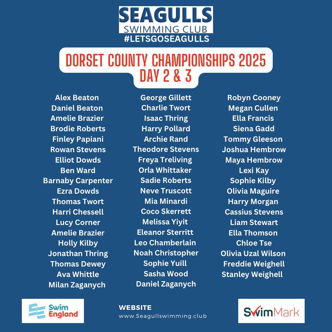 💥Dorset County Champs Weekend 2 💥

Massive good luck to all the swimmers competing over this weekend at littledown for day 2 and 3 of the county championships. 

Let’s have some fun and race fast 💨

#letsgoseagulls