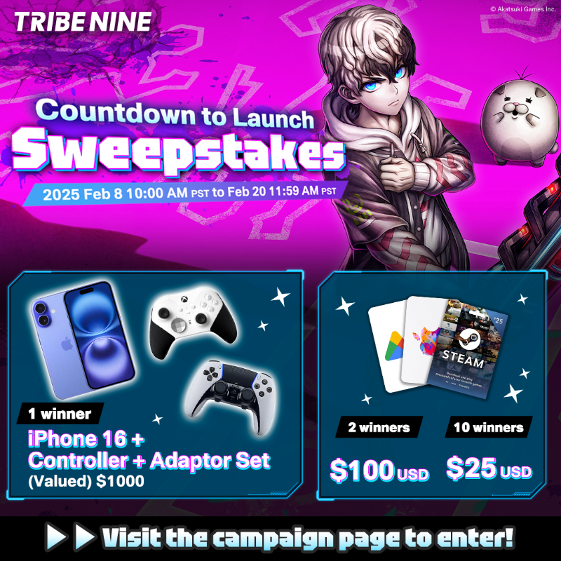 tribenine_en's tweet photo. ◤⏰TRIBE NINE Countdown to Launch 
　 　　 Sweepstakes is LIVE! 🎉　　  ◢

Visit our campaign page and enter for a chance to win an iPhone 16 + controller bundle to help you enjoy TRIBE NINE!

👇Click the link below for more info
https://t.co/RONXRAnOru

#TRIBENINE https://t.co/fWEXmZENuL