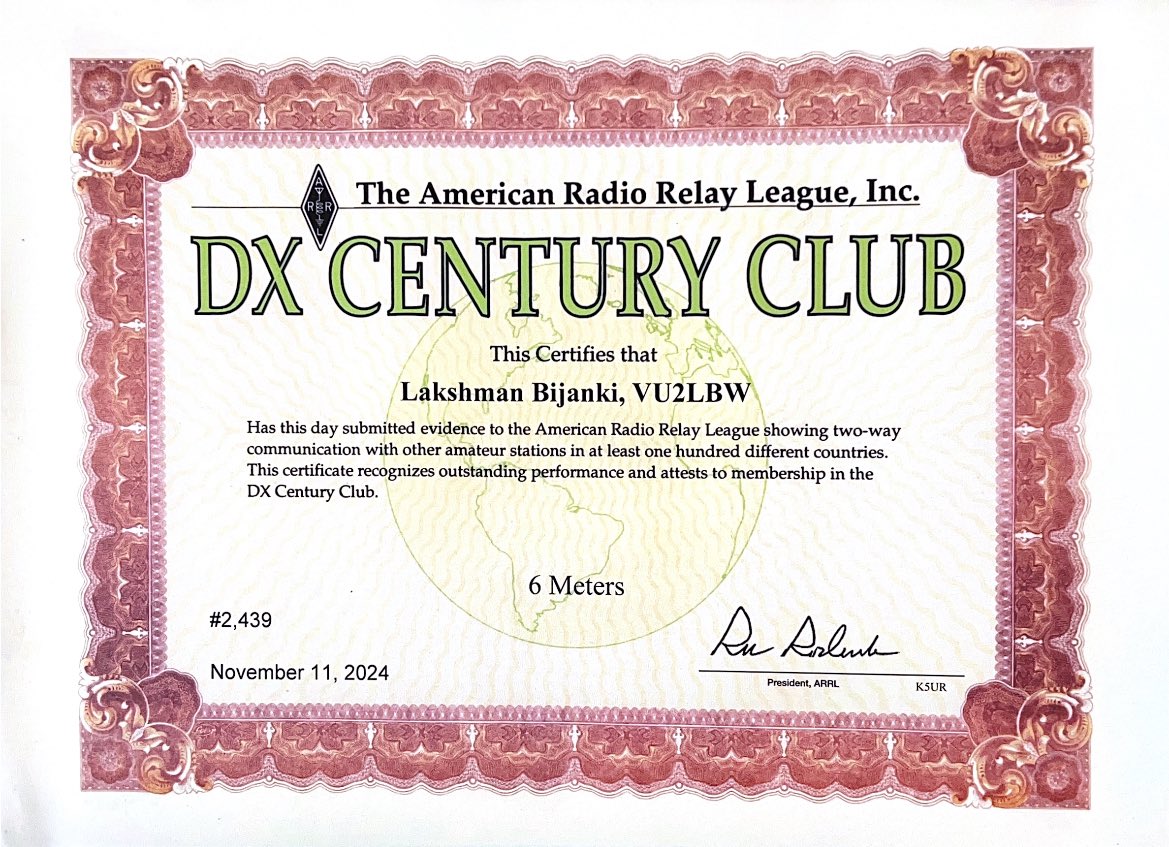 Received my #6M #DXCC just now! Thanks to everyone who worked me!
Happy to join Raj/VU2ZAP, Nandu/VU2NKS and Manoj/VU2CPL with this 6M DXCC. 
<a href="/vu2zap/">Rajendra Kumar</a> <a href="/vu2cpl/">Manoj Ramawarrier</a> 
<a href="/ARSI_official/">The ARSI</a>