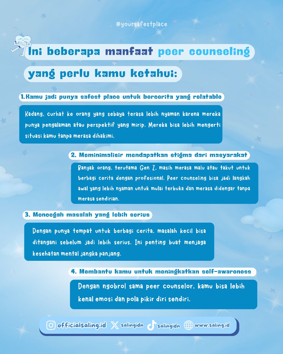 Penasaran apa itu peer counseling dan apa aja sih manfaat peer counseling? 

Untuk yang masih bingung dan belum tau apa itu peer counseling? apakah sama dengan psikolog? dan apa saja manfaatnya? now, you're in the right stop! karena postingan ini menjawab pertanyaan kamu 🤩✨