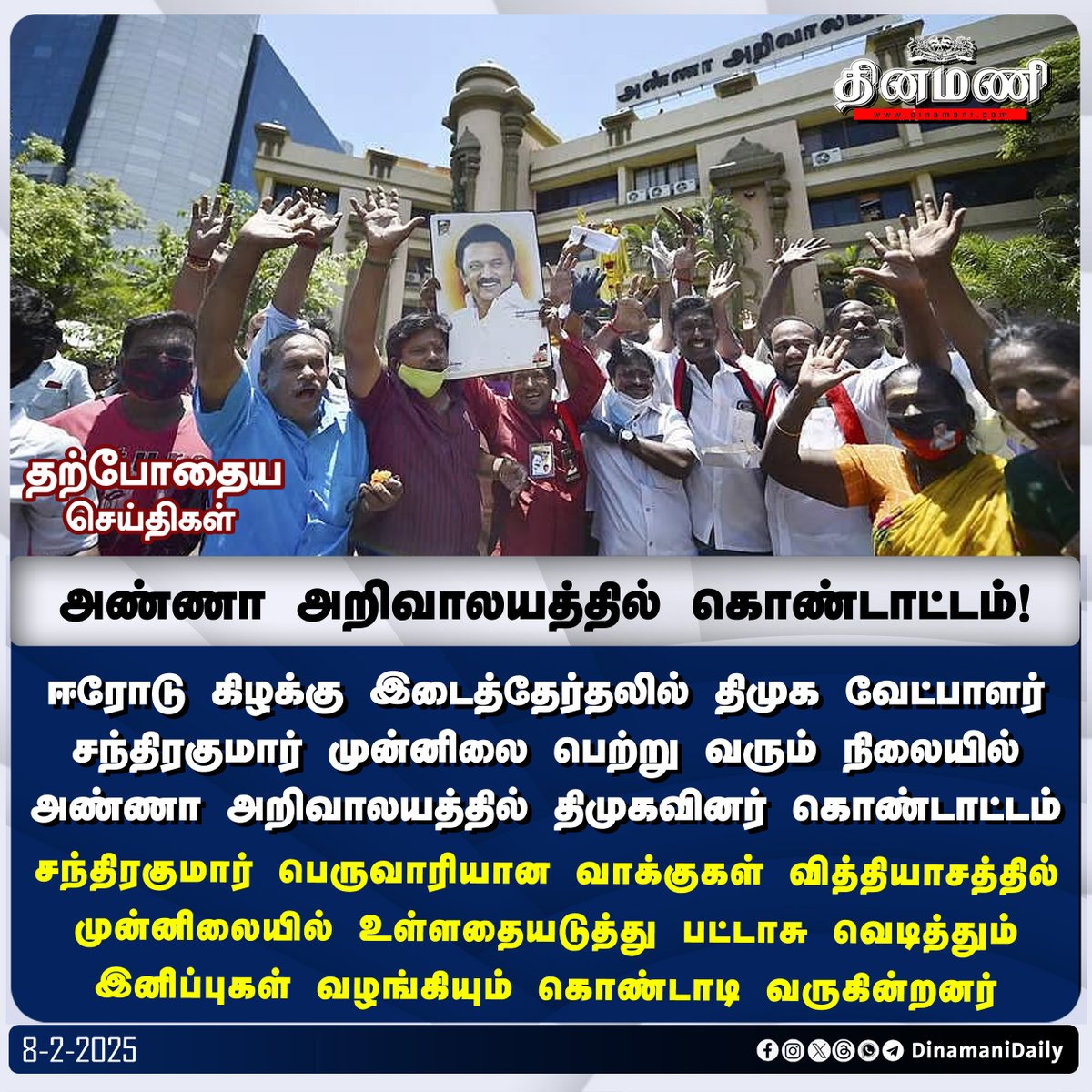 DinamaniDaily's tweet photo. #Dinamani | அண்ணா அறிவாலயத்தில் கொண்டாட்டம்!

#DMK #MKStalin #Stalin #ErodeEastByElection #ErodeEastResults #ElectionResults #ElectionWithDinamani https://t.co/r9n2zqNlQQ