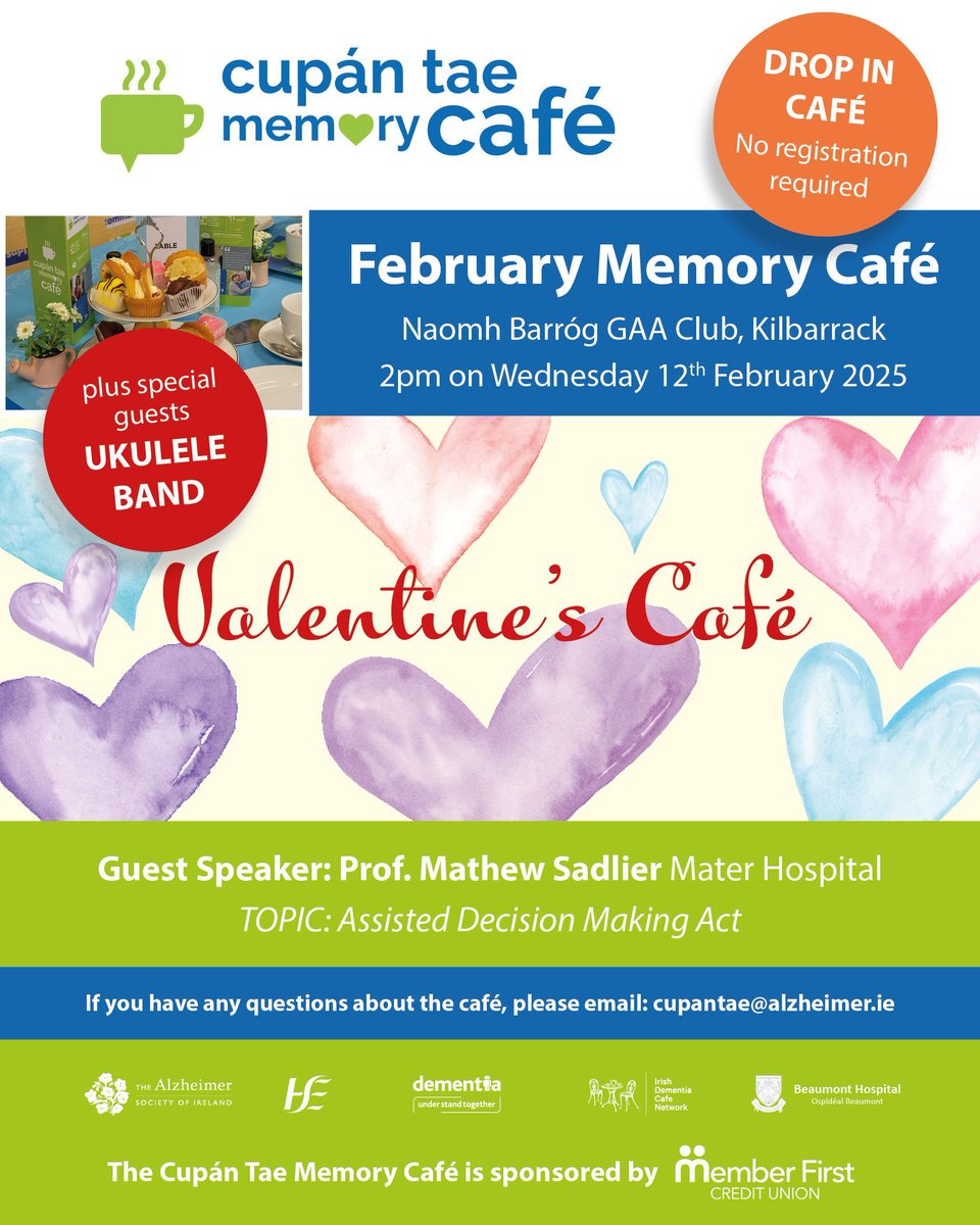 🩷 Valentine's Café 🩷

The Cupán Tae Memory Café is excited to welcome Prof. Mathew Sadlier, a guest speaker for the February café this Wednesday, February 12th.

No registration is required - just drop in! ☺️

#MFCU #MemoryCafe #Community #Dublin