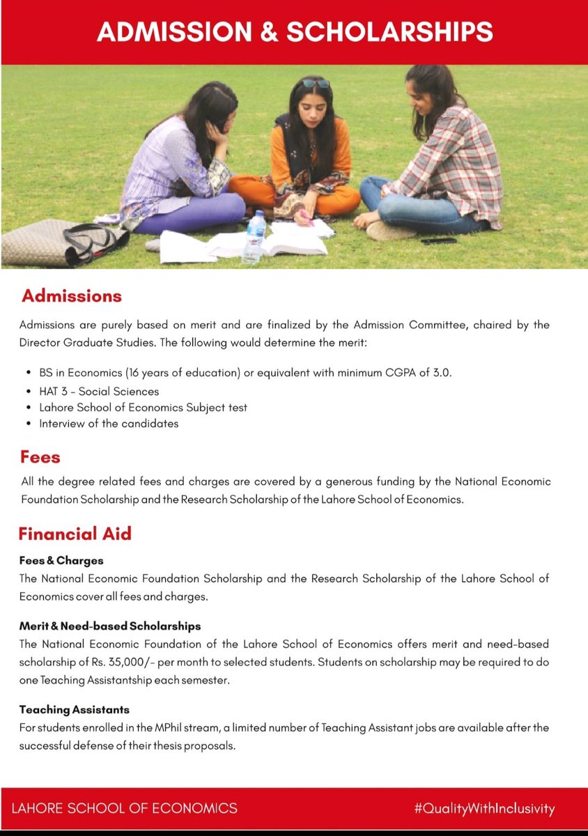 Waqar Wadho (@waqarwadho) on Twitter photo Exited to announce admissions  for 2025 batch. Make an impact with a rigorous and fully funded Masters in Economics from Lahore School of Economics.
No fees, Rs.35,000/month merit-need based stipend.
Learn from some of the finest economists.
Apply by 31st May. 
Details here 👇 Exited to announce admissions  for 2025 batch. Make an impact with a rigorous and fully funded Masters in Economics from Lahore School of Economics.
No fees, Rs.35,000/month merit-need based stipend.
Learn from some of the finest economists.
Apply by 31st May. 
Details here 👇