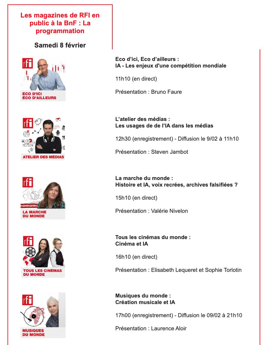 À la veille du Sommet pour l’action sur l’Intelligence artificielle, <a href="/RFI/">RFI</a> délocalise son antenne ce samedi à <a href="/laBnF/">La Bibliothèque nationale de France</a>, pour une série d'émissions en public, dans le cadre du « Week-end culturel » organisé ce 8 et 9 février.

Le programme des émissions délocalisées 👇