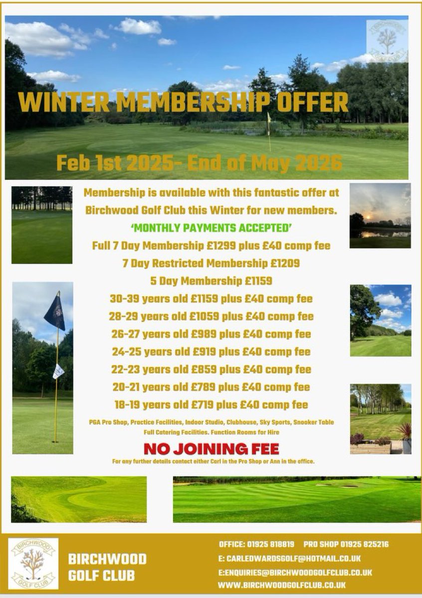 carledwardsgolf's tweet photo. Whose joining us @Birchwood1 with our great Winter Membership Offer. NO JOINING FEES unlike many clubs. MONTHLY PAYMENTS to spread the cost. BEST LAYOUT in the area. DEFO not Bomb 💣 Alley. FRIENDLY Atmosphere that can’t be beaten. Plus a Pro Shop well stocked with leading brands https://t.co/KBxJXxqIa6