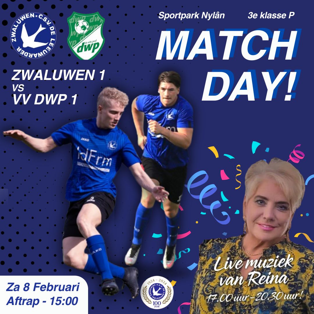 LwdZwaluwen's tweet image. 🔥Matchday!🔥 Zwaluwen 1 neemt het om 15:00 uur op tegen @vvdwp 1. Na afloop is er live muziek van Reina in het Zwaluwennest 🎤 
Zien wij jullie vanmiddag? 💙⚽️