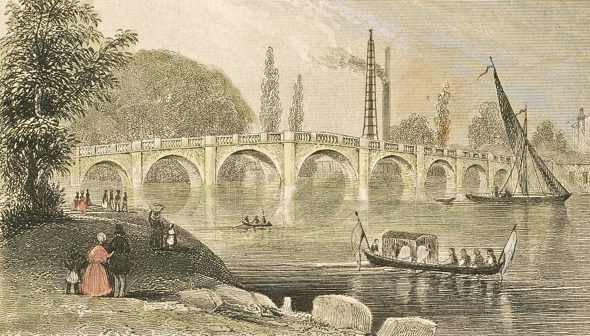 LondonStone's tweet photo. A grand ceremony today in 1873, led by the Lord Mayor of London, was held on Kew Bridge to mark the bridge becoming toll-free. Read here about the original bridge at Kew and its successor https://t.co/9Uz6I9rMgS https://t.co/DhhRhtepDW