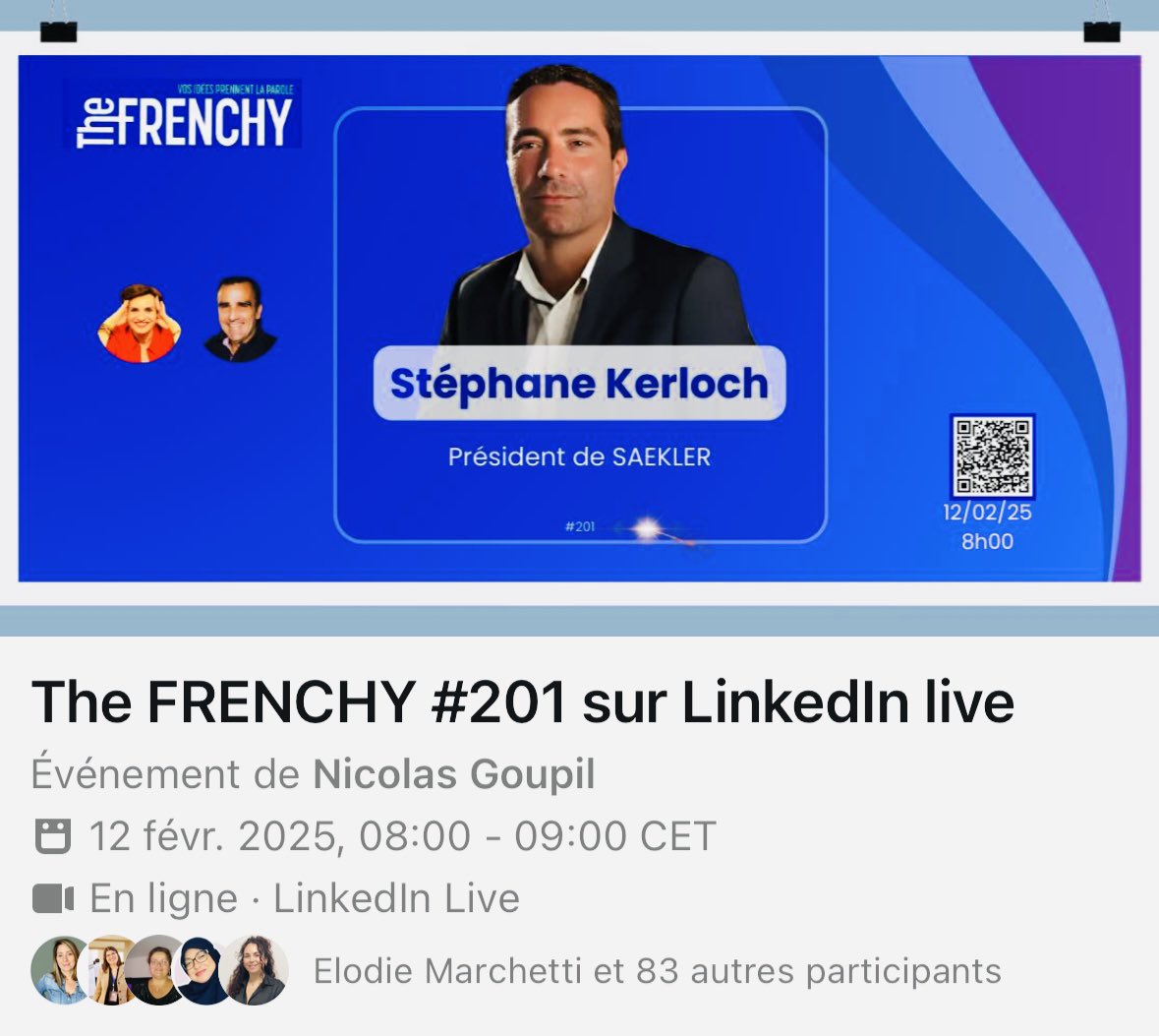 Des entrepreneurs viennent pitcher le 12/02/25 à 8h00 en direct sur LinkedIn Live, YouTube et FaceBook pour le 201ème épisode de The FRENCHY 

✅ Inscription sur LinkedIn 
#TheFRENCHY