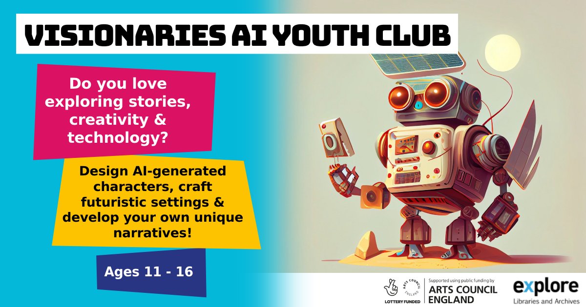 Are you looking for a new club to join? Why not try the Visionaries Ai Youth Club here at Acomb Explore👾 #LetsCreate

Explore storytelling, technology, animation &amp; art over 4 sessions!

📆Tuesdays 5pm - 7pm
4th March - 25th March

Book for free today👇
app.tickettailor.com/events/explore…