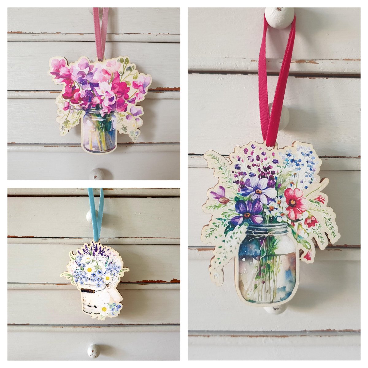 These are the latest 3 wooden flower decorations laser cut from sustainable wood and based on my designs. Each finished off with pretty velvet ribbon. Lovely little gifts foe birthdays, a thank you gift and Mother's Day #UKGiftAM #UKGiftHour 
buff.ly/40PuU3K