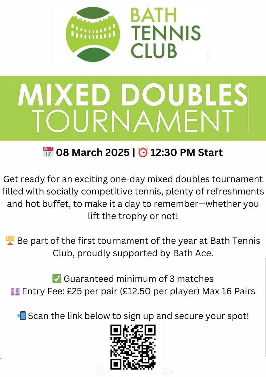 🎾 Bath Tennis Club Mixed Doubles Tournament 🎾

📅 08 March 2025 | ⏰ 12:30 PM Start

Get ready for an action-packed day of socially competitive mixed doubles tennis, refreshments, and evening entertainment! 🌟 Whether you lift the trophy or not, this is an event you won’t want