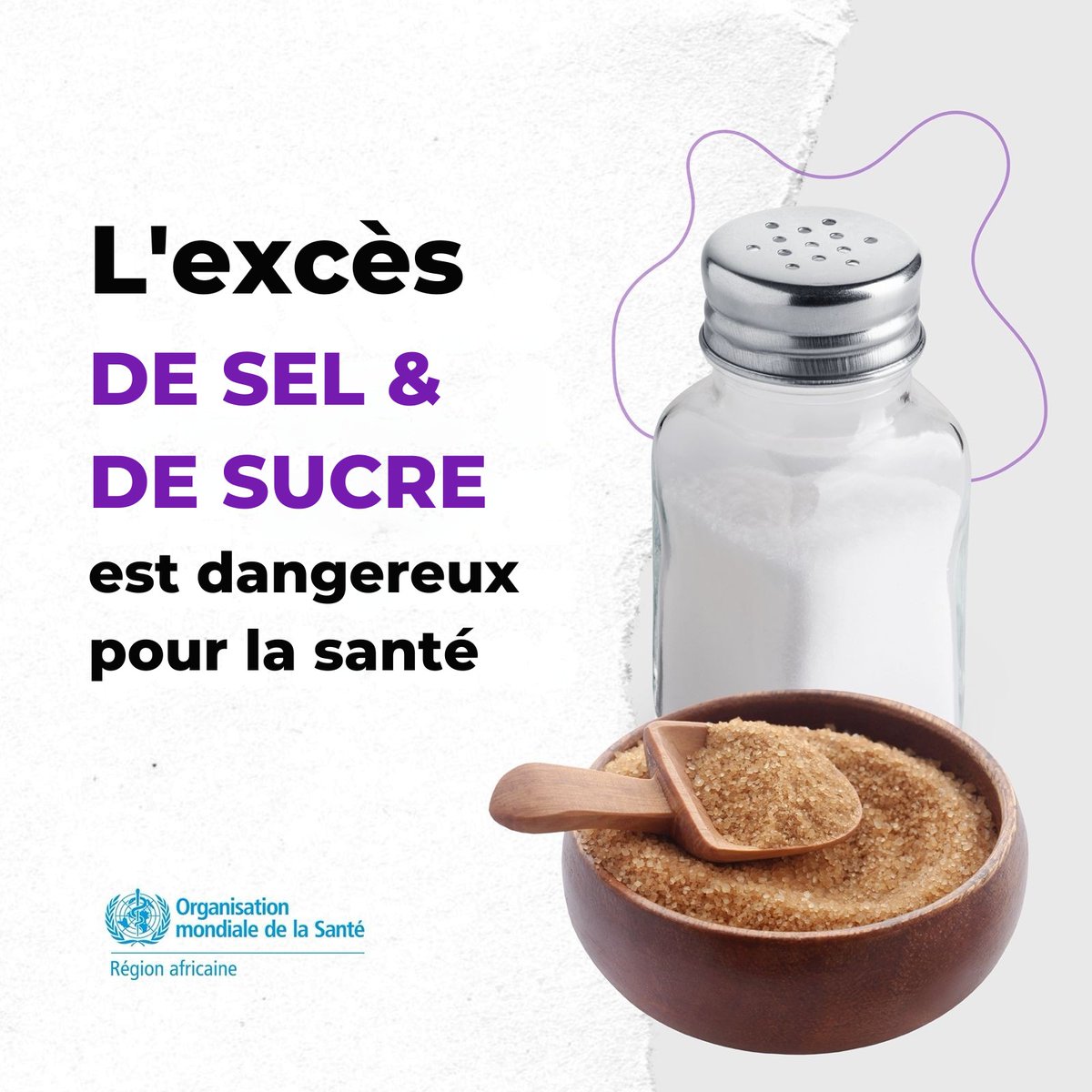 L'excès de sel et de sucre augmente le risque de maladies non transmissibles comme le #diabète, les maladies cardiaques et le #cancer.

Réduisez votre consommation de #sel et de #sucre est un moyen simple de protéger votre santé.