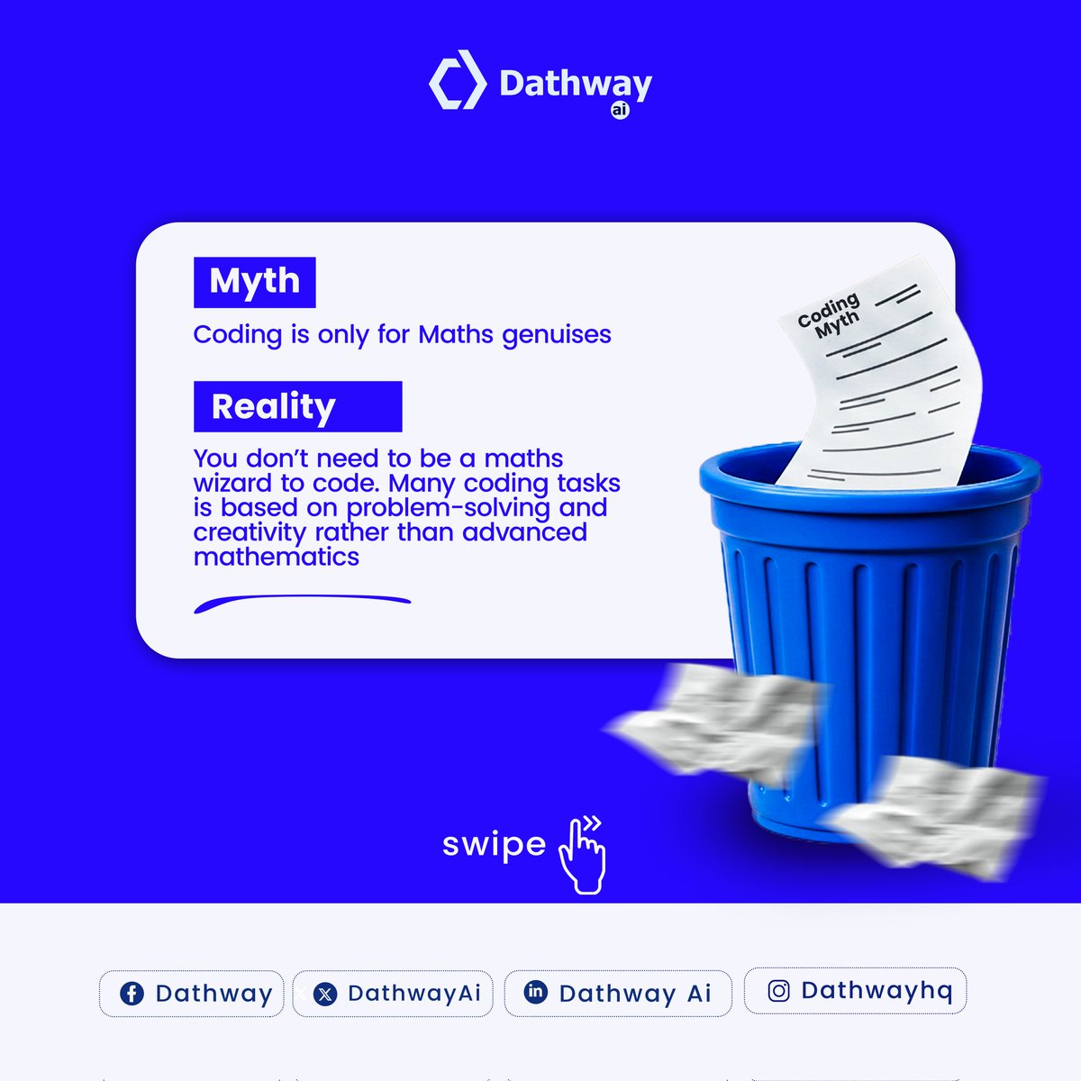DathwayAi's tweet image. Debunking coding myths. 🔥
Read through the slides.
What other misconception have you heard about coding?
Share them with us. ⤵️
#CodingMyths #techmisconception #misconceptions #MisconceptionsDebunked #myths #TechIndustry #dathway