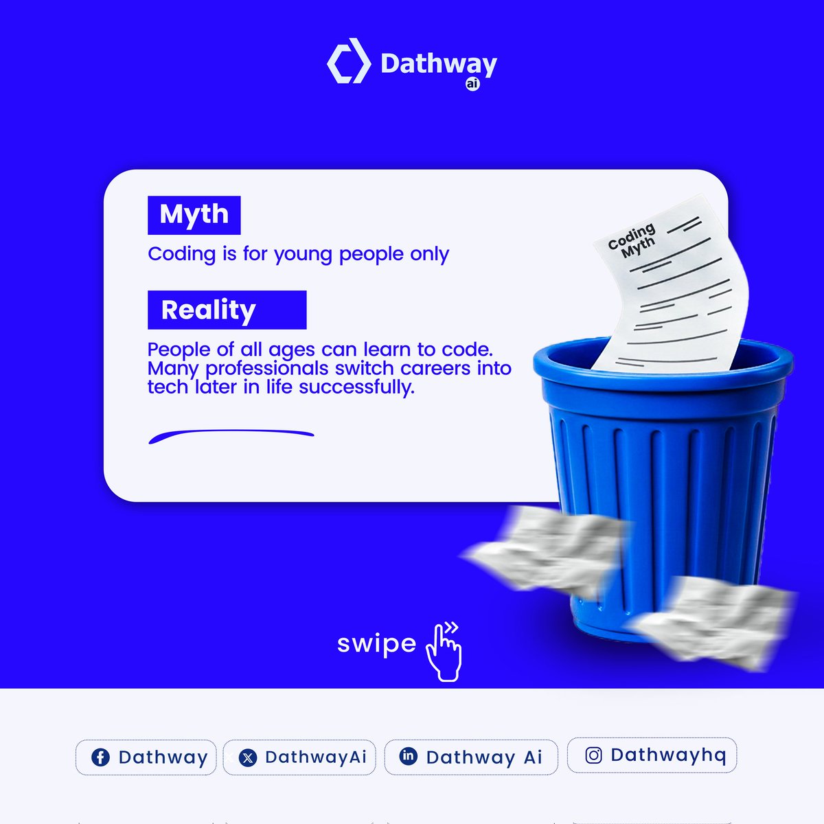 DathwayAi's tweet image. Debunking coding myths. 🔥
Read through the slides.
What other misconception have you heard about coding?
Share them with us. ⤵️
#CodingMyths #techmisconception #misconceptions #MisconceptionsDebunked #myths #TechIndustry #dathway