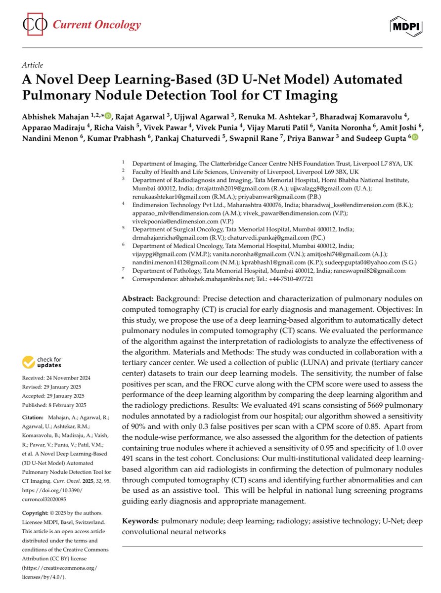 Abhishek Mahajan (@amcancerimaging) on Twitter photo Excited to share our latest publication! 🚀
A Novel Deep Learning-Based (3D U-Net Model) Automated Pulmonary Nodule Detection Tool for CT Imaging. Advancing AI in detection of pulmonary nodules.
🔗 mdpi.com/3173084 #mdpicurroncol via <a href="/CurrentOncology/">Current Oncology</a> #AI #Oncology Excited to share our latest publication! 🚀
A Novel Deep Learning-Based (3D U-Net Model) Automated Pulmonary Nodule Detection Tool for CT Imaging. Advancing AI in detection of pulmonary nodules.
🔗 mdpi.com/3173084 #mdpicurroncol via <a href="/CurrentOncology/">Current Oncology</a> #AI #Oncology