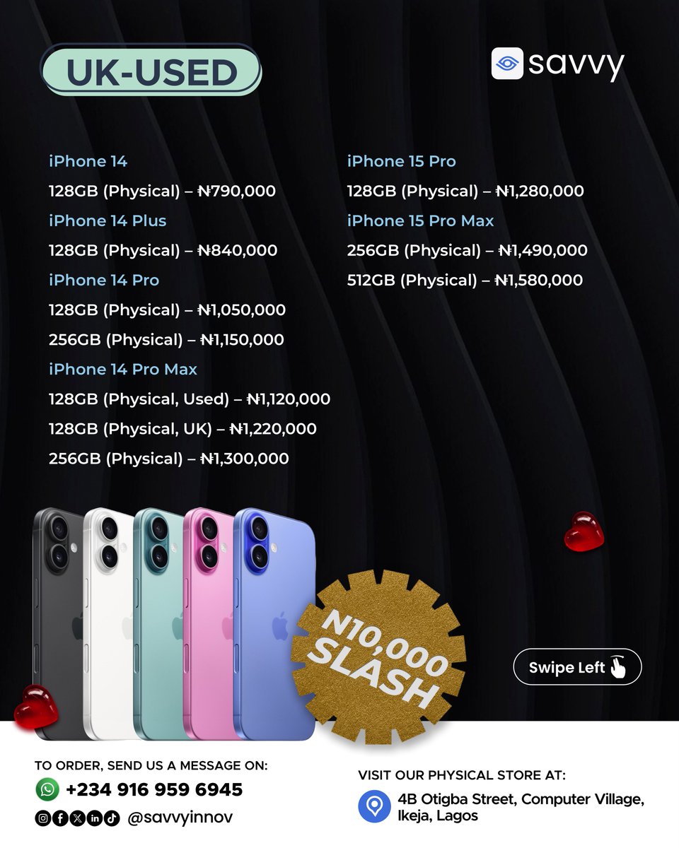savvyinnov's tweet image. 📞 Order now on WhatsApp: +234 916 959 6945
📍 Visit us: 4B Otigba Street, Computer Village, Ikeja

#SavvyDeals #TechDiscount #ShopSmart #LimitedOffer #SavvyInnovations #iPhoneDeals #SamsungGalaxy #MacBookDiscount #TechAwoof #HurryNow MTN Network Rinu Sportybet Mr Banks