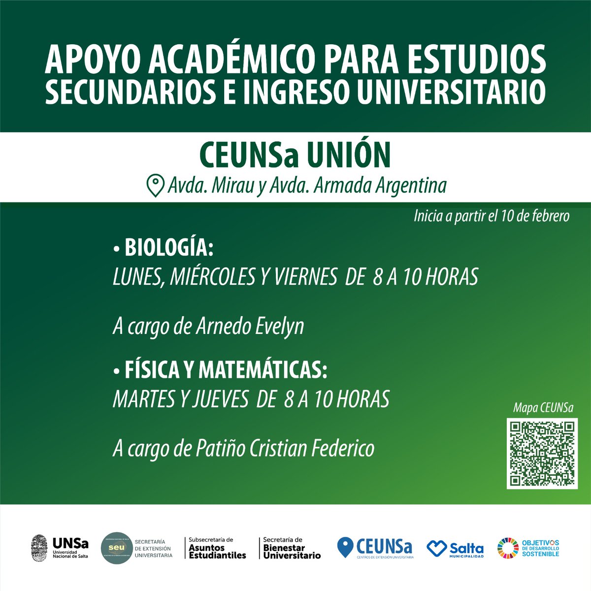 🟢 APOYO ACADÉMICO EN LOS CENTROS DE EXTENSIÓN UNIVERSITARIA DE LA CAPITAL.
✅ El día lun 10/2 se lanzarán los talleres académicos de apoyo académico en matemática, física, química, y ciencias naturales en los Centros de Extensión Universitaria Municipalidad de la Ciudad de Salta