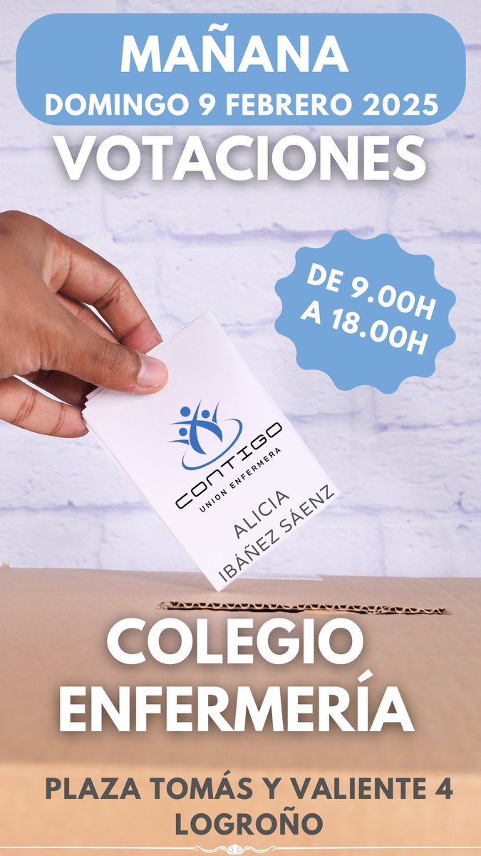 👨‍⚕️👩‍⚕️#enfermera riojana, recuerda que mañana elegimos Junta de Gobierno. 
🗳️Vota en el Colegio de 9.00h a 18.00h
🍀¡El futuro está en nuestras manos!🍀
#enfermeria #ContigoUnionEnfermera #eleccionesCOER2025 #vota #LaRioja #enfermeras