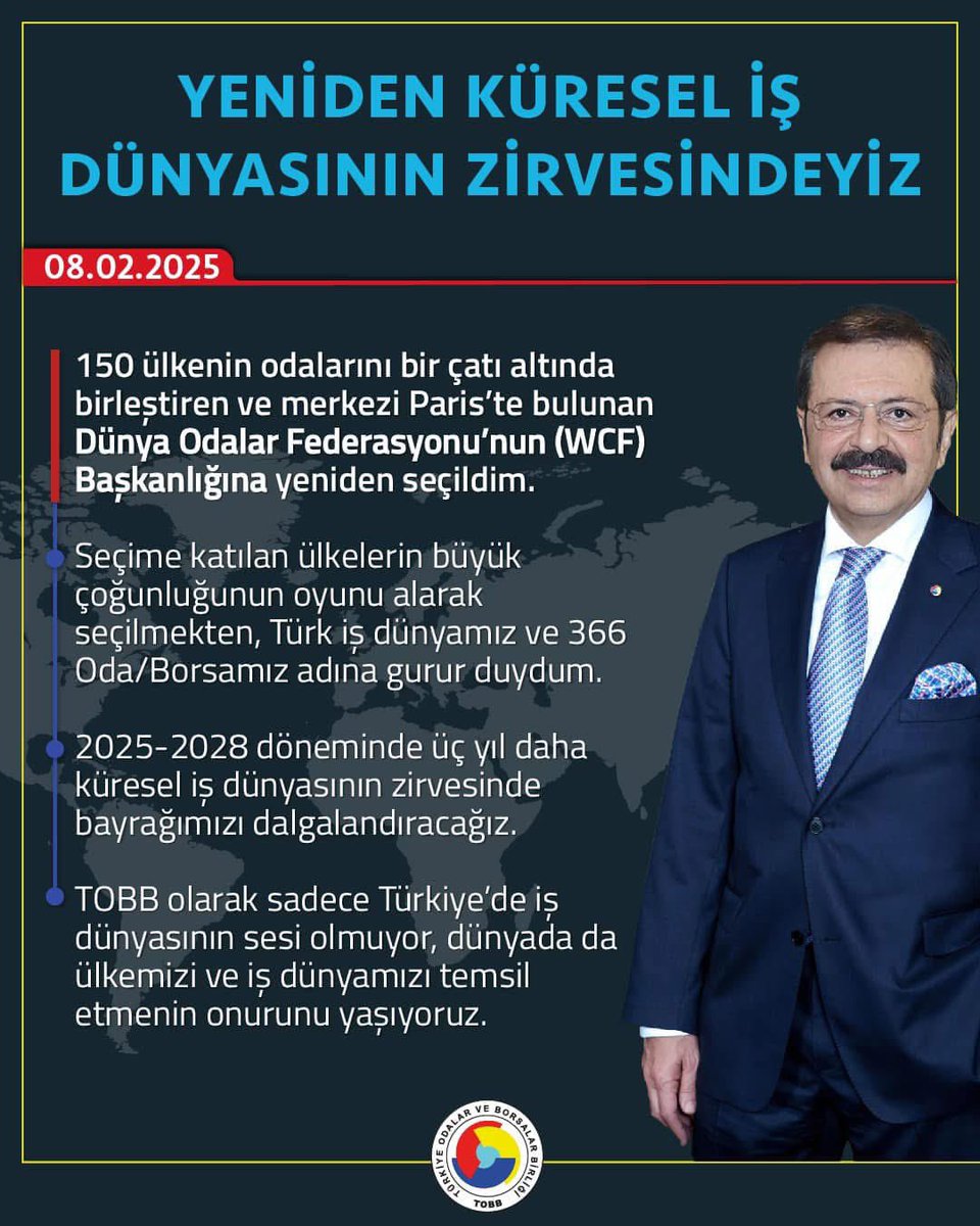YENİDEN KÜRESEL İŞ
 DÜNYASININ ZİRVESİNDEYİZ
 
150 ülkenin odalarını bir çatı altında birleştiren ve merkezi Paris’te bulunan Dünya Odalar Federasyonu’nun(WCF)  Başkanlığına yeniden seçilen @tobbiletisim Başkanımız Sn @rhisarciklioglu’nu tebrik eder başarılarının devamını dilerim