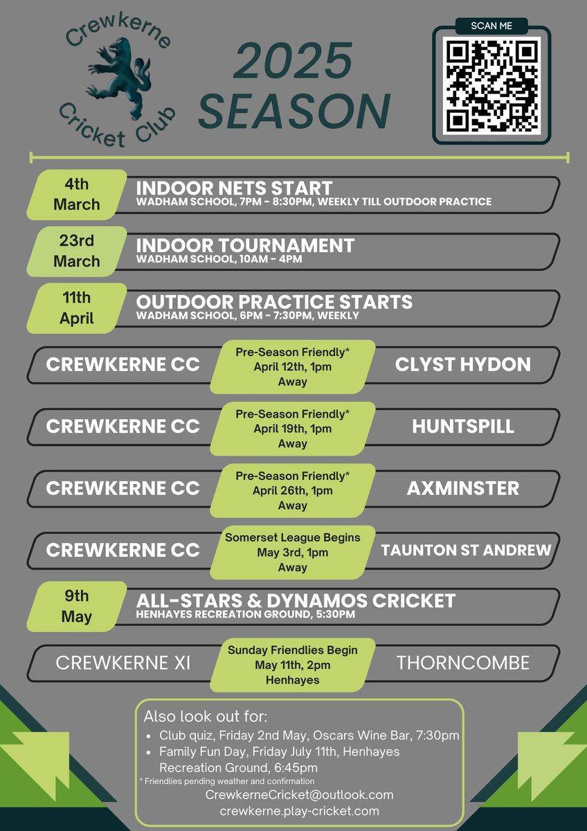 Poster attached with all activities, anyone welcome.  If you want to get involved with your local town club which has been around for 170+ years we’d love to hear from you. 🏏🏏