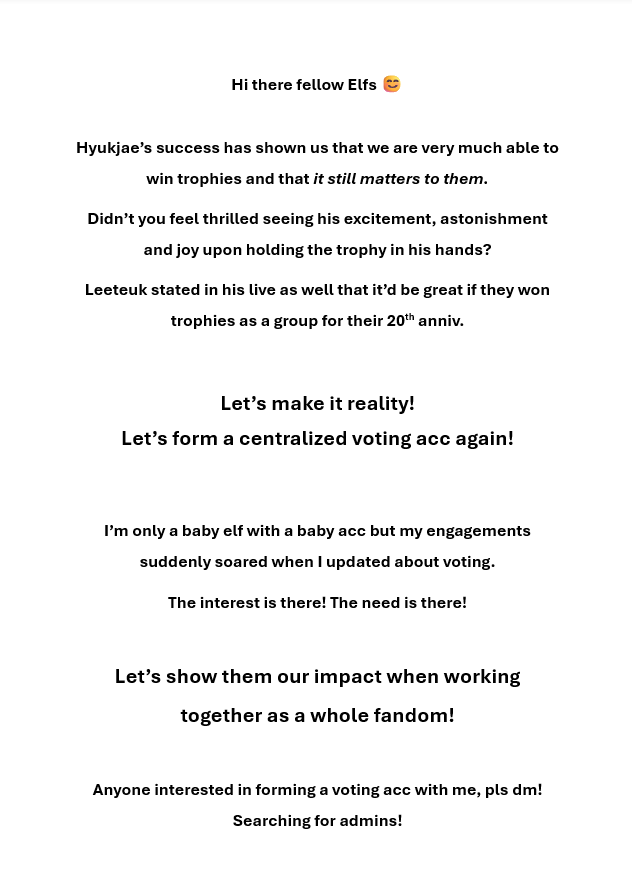 seacascarlei's tweet photo. ‼️IMPORTANT, REPOST APPRECIATED‼️

Hi! Searching for admins to form a voting acc for SJ's activities.
 
We'd have a huge impact if we only centralized!

Anyone who's prepared to dedicate themself, pls dm! @SUJU_VotingTeam, pls dm if you're still out there! 🙏
#superjunior https://t.co/7XPoaV3IRf