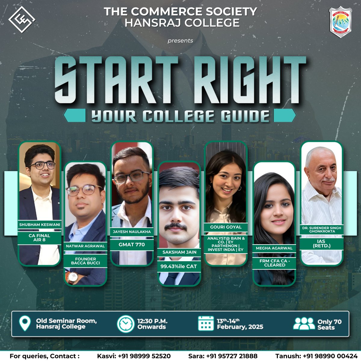 comsochrc's tweet photo. Start Right 3.0 lineup is here!

Mr. Jayesh Naulakha: GMAT 770
CA Shubham Keshwani: CA AIR 8
Dr. Surendra Ghonkrokta: Rtd IAS 
Ms. Megha Agarwal: CFA, FRM
Mr. Saksham Jain: CAT 99.43 percentiler
Ms. Gouri Goyal: Analyst at Bain &amp; Company
Mr. Natwar Agarwal: Founder, Bacca Bucci https://t.co/pPxxYupdJY