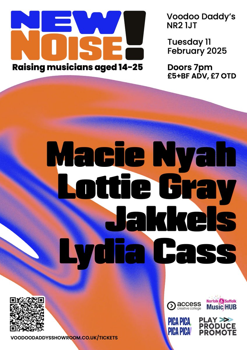 Just a few days till the first NEW NOISE! gig of 2025. 4 great acts, all young musicians making original music and breaking through in Norfolk. Tickets are going fast but still available for just £5-00 in advance. bit.ly/4gjA6Sd