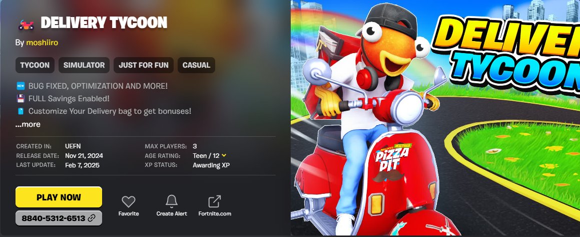 BipBipBopBap's tweet photo. 🏍️​ DELIVERY TYCOON

🆕 New update ! 🆕

CODE : 8840-5312-6513
CODE : 8840-5312-6513
CODE : 8840-5312-6513
#Fortnite #UEFN @FortniteGame @FNCreate https://t.co/5Yp0wnMofe