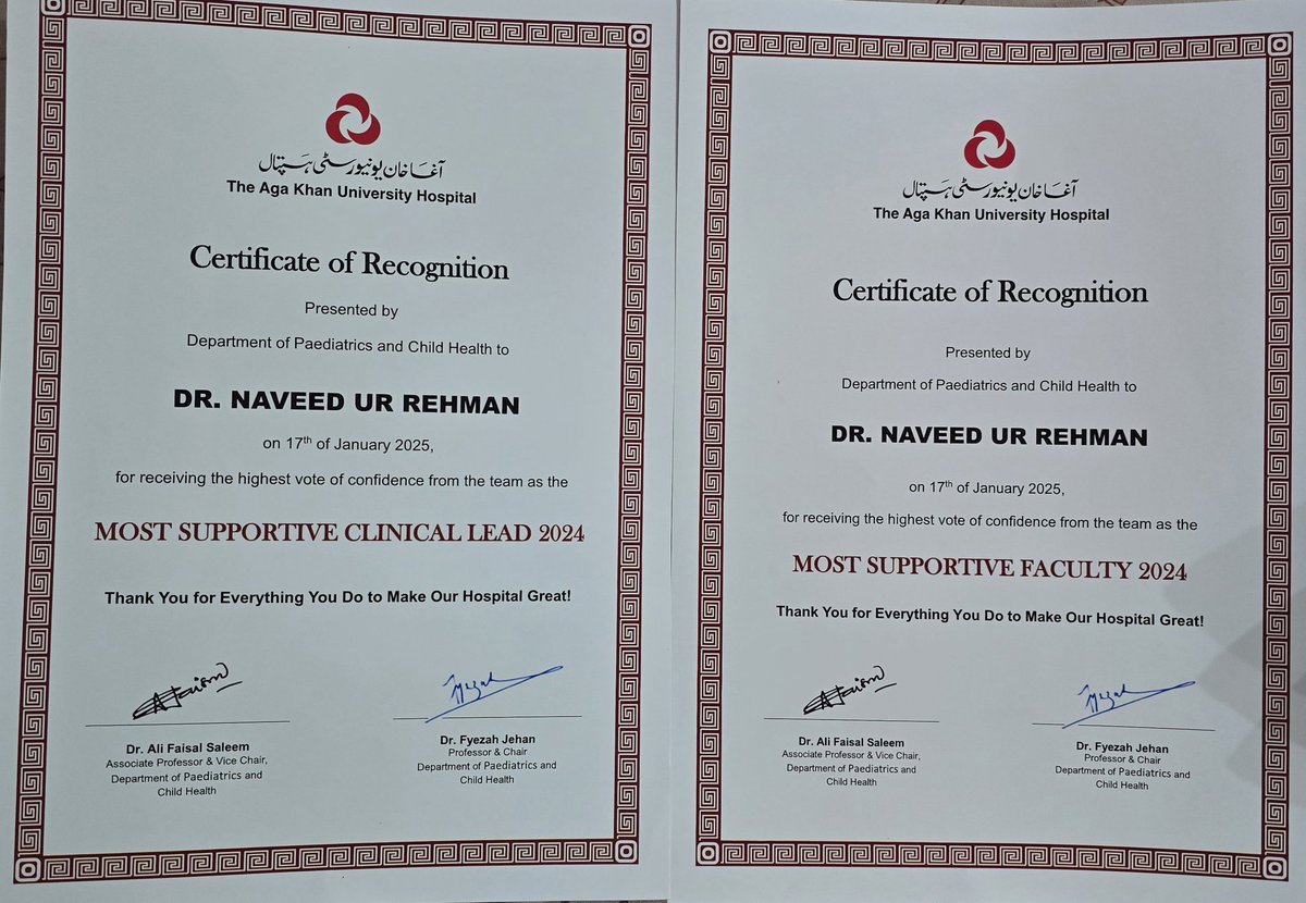 Sharp, Impactful, and Engaging
🏆 Humbled &amp; Honored! 🏆
Proud to receive Most Supportive Clinical Lead 2024 &amp; Most Supportive Faculty 2024 from AKUH Pediatrics!
This isn’t just an award—it’s a reminder of the power of teamwork, mentorship, and shared vision in pediatric critical
