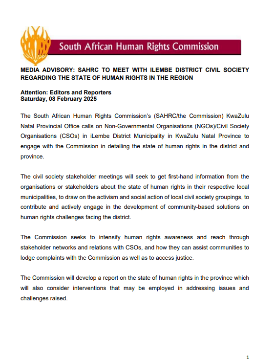 SAHRCommission's tweet photo. Media Advisory: SAHRC to meet with ILembe District Civil Society regarding the state of human rights in the region https://t.co/oIjoNRdjDs https://t.co/V9sm36fSOv