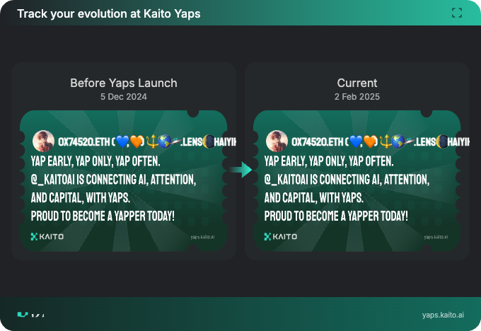 Yap early, yap only, yap often.

@_kaitoai is connecting AI, attention and capital with Yaps.

Just claimed my social card and I'm accumulating Yap points in real-time.

Claim yours 👉 yaps.kaito.ai/referral/15048…