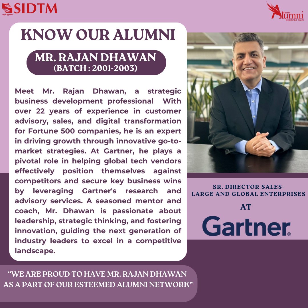 SIDTMAlumni's tweet photo. Meet Mr. Rajan Dhawan, currently appointed as the Senior Director of Sales – Large and Global Enterprises at Gartner.
#SIDTMAlumni #SIU #LeadershipJourney #AlumniSpotlight #Gartner #AlumniRelationsTeam https://t.co/oKicagtO50