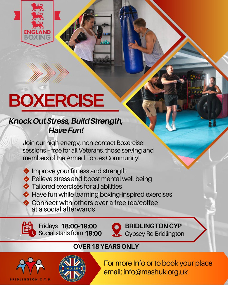 MASH (@mashhub_uk) on Twitter photo FREE Boxercise for the Armed Forces Community
Kicking off 7th March at Bridlington CYP - join us Fridays 6-7pm for a high-energy, non-contact workout!
Open to all abilities
Stress relief & fitness boost
Social with free tea/coffee after
Book now: info@mashuk.org.uk
18+ FREE Boxercise for the Armed Forces Community
Kicking off 7th March at Bridlington CYP - join us Fridays 6-7pm for a high-energy, non-contact workout!
Open to all abilities
Stress relief & fitness boost
Social with free tea/coffee after
Book now: info@mashuk.org.uk
18+