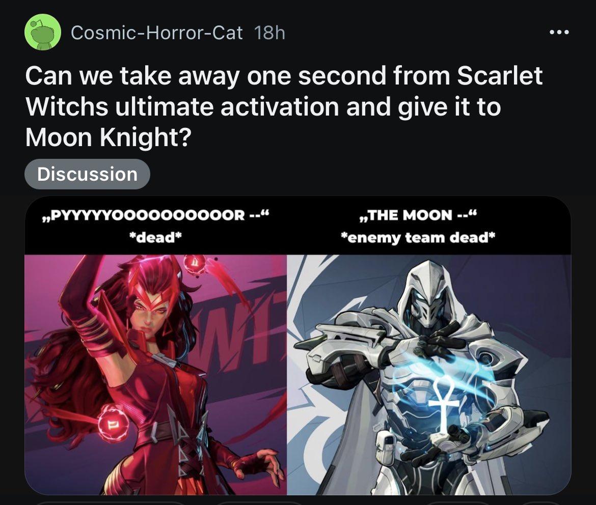 MRivalsMedia's tweet photo. A #MarvelRivals player suggests making Scarlet Witch’s ultimate shorter and Moon Knight’s ultimate longer.

Who agrees? 👀 https://t.co/nCvrjQ3qEL