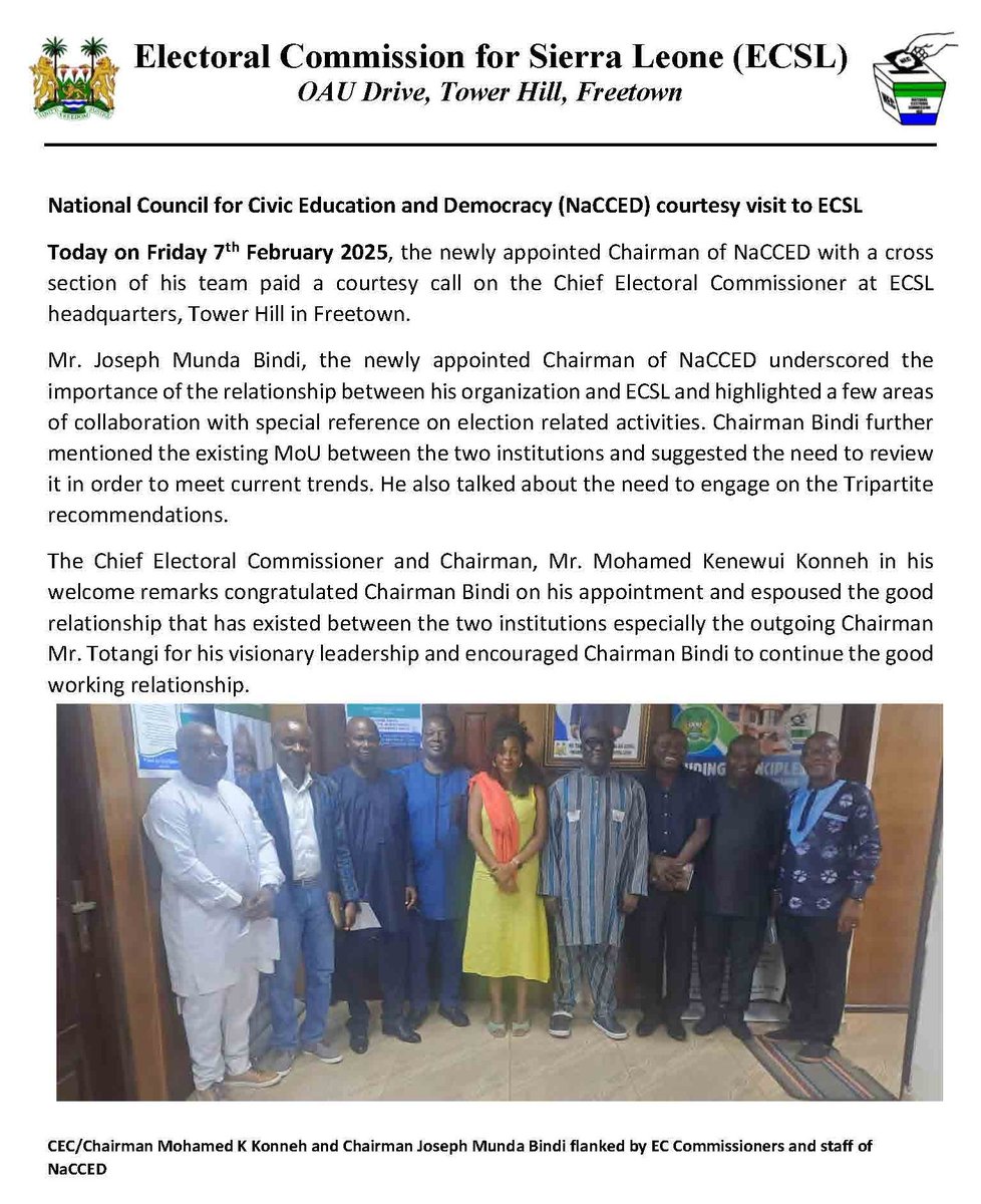 🤝Strengthening Partnerships for Democracy!
📢 The newly appointed Chairman of NaCCED, Joseph Munda Bindi, paid a courtesy visit to ECSL. Discussions focused on strengthening collaboration, reviewing the MoU, &amp; engaging on Tripartite recommendations. 🗳️#ECSL #Democracy #NaCCED