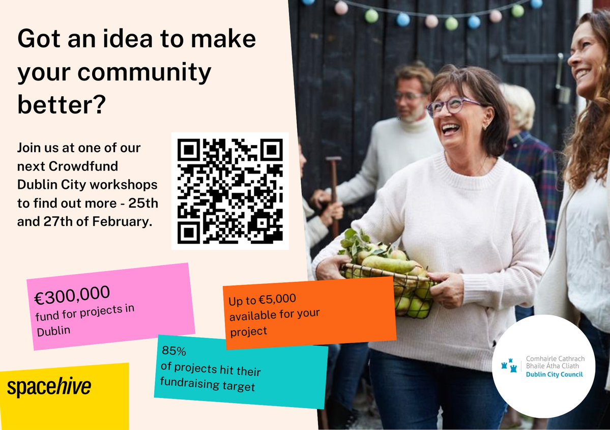 Dublin City Council along with Spacehive launch 'Crowdfund Dublin City'! €300K fund to support local projects—green spaces, vibrant public areas &amp; sustainability.

Apply by April 30!

Workshops available👇

Feb 25th:
eventbrite.co.uk/e/crowdfund-du…

Feb 27th:
eventbrite.co.uk/e/crowdfund-du…
