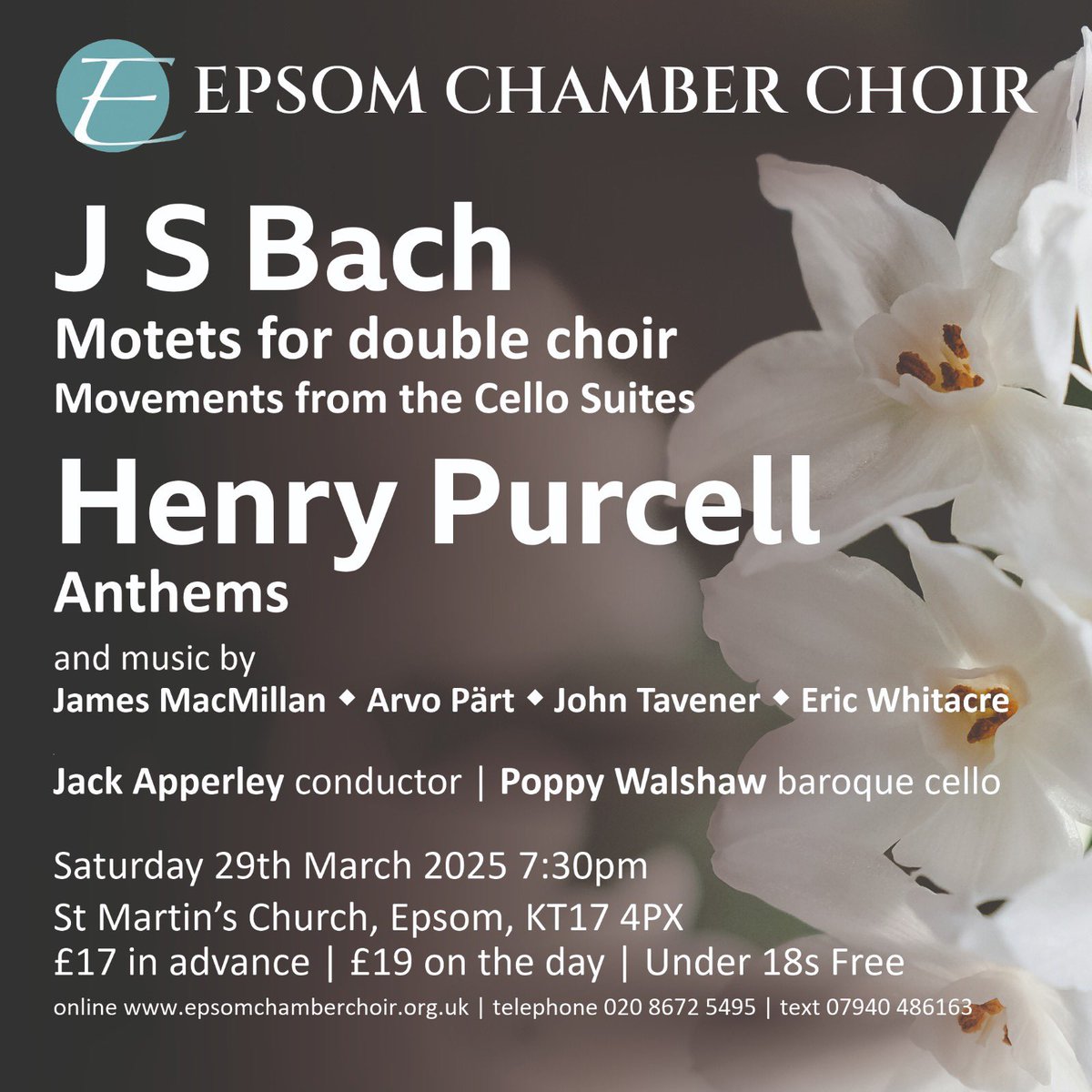 A CONCERT NOT TO BE MISSED

Bach, Purcell, a church with glorious acoustics and the splendid voices of Epsom Chamber Choir. What’s not to like? If that is your idea of a fabulous concert, join us at St Martin’s Church, Epsom on 29th March at 7:30pm, directed by Jack Apperley